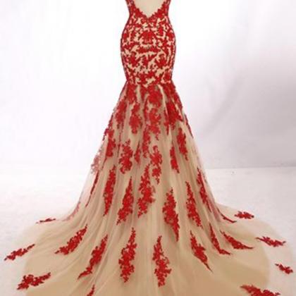Prom Dress, Red Modern Jewel Cap Sleeves Sweep..