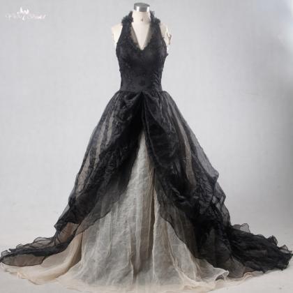 V Neck Tulle Real Picture Black Gothic Wedding..