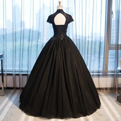 Vintage High Neck Black Wedding Dresses Cap..