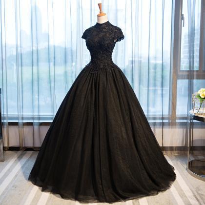 Vintage High Neck Black Wedding Dresses Cap..