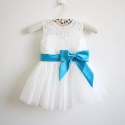 Light Ivory Flower Girl Dress Blue Ribbon Baby..