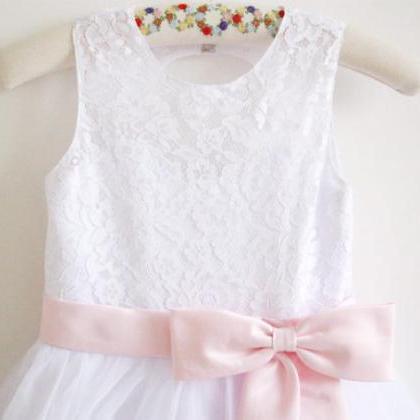 White Lace Flower Girl Dress Pink Baby Girls Dress..