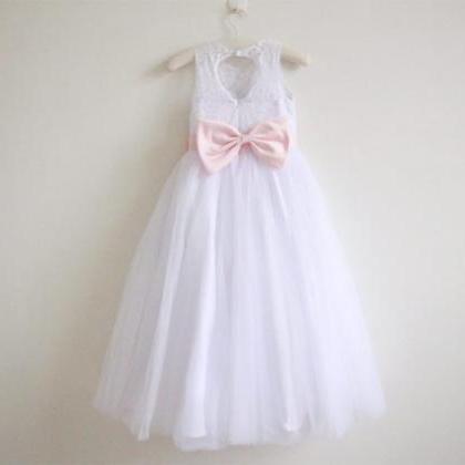 White Lace Flower Girl Dress Pink Baby Girls Dress..