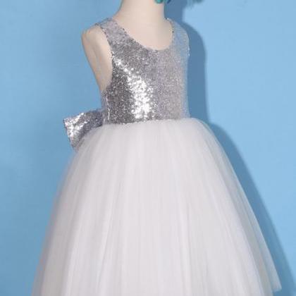 Sliver White Flower Girl Dress/silver Sequin..
