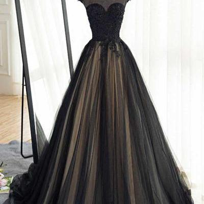 Jewel Lace Applique Sexy Black Wedding Dress Evening Dress Floor Length Prom Dress 