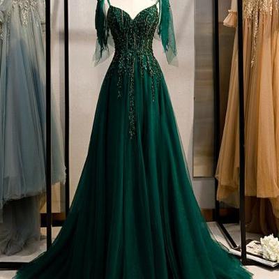 A-Line Green Beading Floor-Length Prom Dress