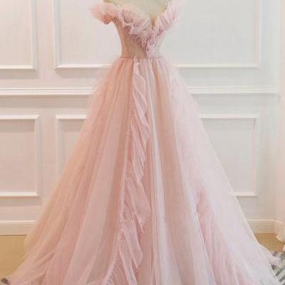 Pink tulle Strapless long prom dress A line evening dress