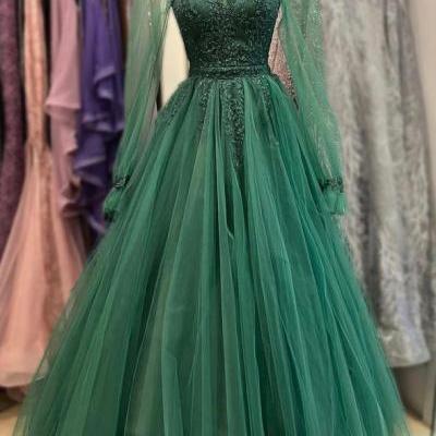 Green tulle beads long Sleeve prom dress green evening dress