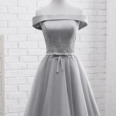 Simple Off Shoulder Grey Tulle Applique Bridesmaid Dresses, Knee Length Formal Dress, Party Dresses C0056