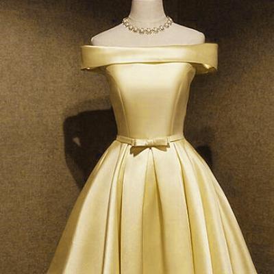 Light Yellow Satin Off Shoulder Knee Length Party Dress Prom Dress, Short Homecoming Dress C090