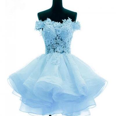 Light Blue Organza With Flower And Lace Short Party Dress, Blue Homecoming Dress C107