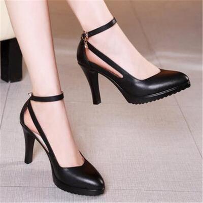New Genuine Leather Shoes Women Round Toe Pumps Sapato Feminino High Heels Fashion Black Work Shoe Plus Size (Heel 8cm) H020