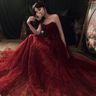 Wine Red Floral Lace and Tulle Long Evening Gown Party Dress, Burgundy Formal Dresses M046
