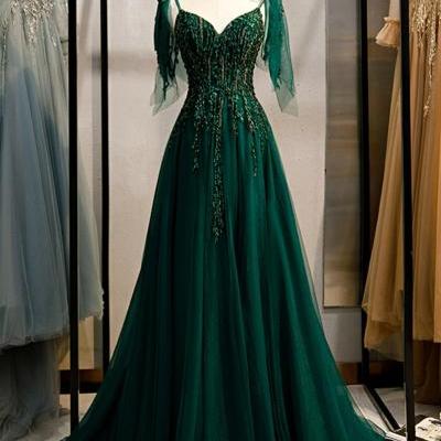 Dark Green Beaded Tulle Straps A-line Formal Dresses, Green Evening Dress Prom Dresses M054
