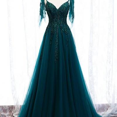 Lovely A-line Straps Tulle Teal Blue Long Evening Dress Prom Dress, A-line Formal Dresses M108
