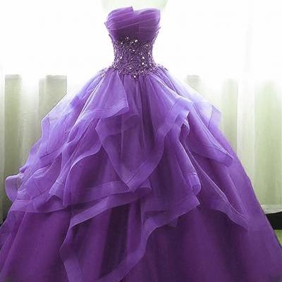 Purple Ball Gown Organza and Tulle Sweet 16 Dress with Lace Appique, Purple Formal Gown M115
