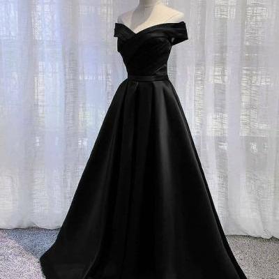 Black Satin Off Shoulder Long Simple Evening Dress Formal Dress, Black Party Dresses M143
