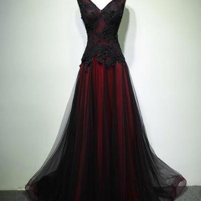 Fashoin New Black and Tulle V-neckline Beaded Lace Long Party Dress, A-line Prom Dress Evening Dresss M165
