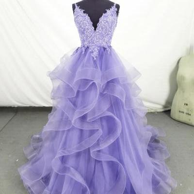 Lovely Purple Tulle Long Layers Handmade Formal Dress, Lace Top A-line Prom Dress M186
