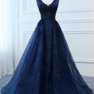Navy Blue V-neckline Lace Long Party Dress with Flowers, Blue V-neckline Prom Dress M187
