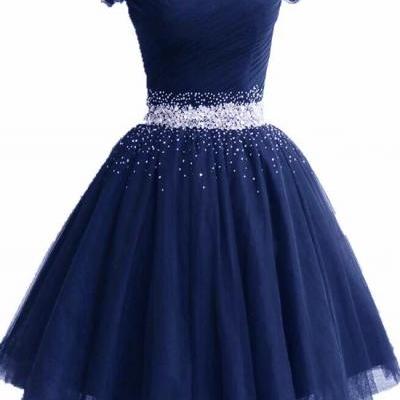 Lovely Off Shoulder Navy Blue Beaded Homecoming Dress, Short Prom Dress N010
