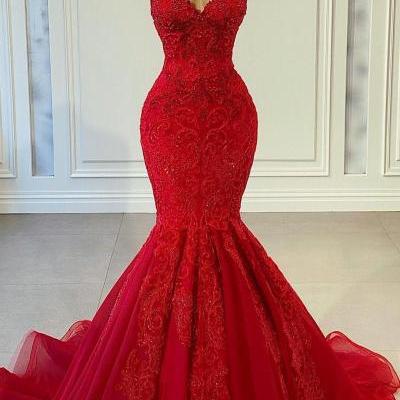 Fashion Hand Made Modern Red Sleeveless Mermaid Prom Dress With Beadings SS142