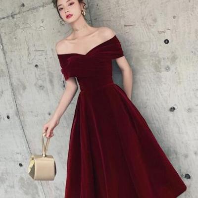 Hand Made New Wine Red Off Shoulder Sweetheart Tea Length Evening Party Dress Velvet Prom Dress SS470
