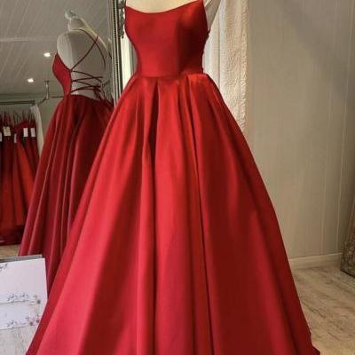 Hand Made Red satin long prom dress A line evening gown SS537