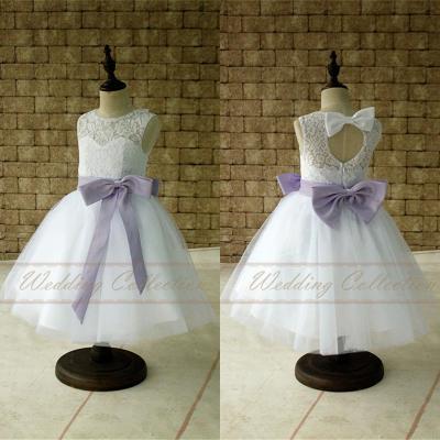 Pure White Lace Flower Girl Dresses, Tulle Flower Girls Dress With Lavender Sash and Bow W50