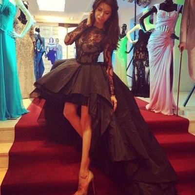 Sexy Black Puffy High Low Black Prom Dresses Long Sleeves Train Sheer Illusion Neck Sleeves Evening Party Dresses Gowns