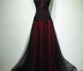 Gorgeous Black And Red V-neckline Tulle Beaded Prom Dress, Long Evening ...