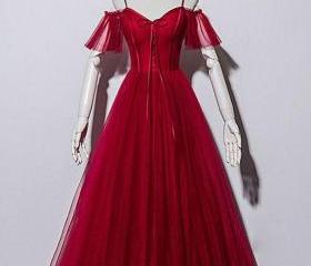 Red Tulle Off Shoulder Long V Neck Prom Dress, Lace Formal Dress    cg17506 main image 1