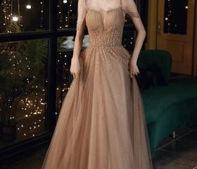 Long Tulle Dress with Beaded Straps Chocolate