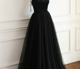 Gothic Black Spaghetti Straps Tulle Prom Dress,Charming Evening Dress Y1766