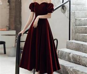 Wine Red Velvet and Tulle Low Back Party Dress, Wine Red Tea Length Prom Dress