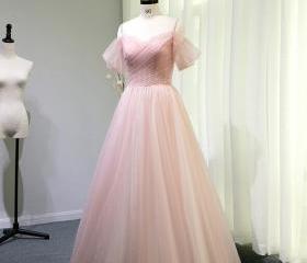 Pink Tulle Sequins Floor Length Formal Prom Dress, Beautiful Off The Shoulder Formal Party Dress main image 0