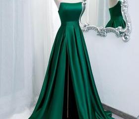 Green Satin Strapless Ruched A Line Flower Prom Dress