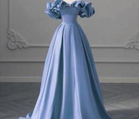 A-line Blue Satin Off Shoulder Long Evening Dress Formal Dress Party ...