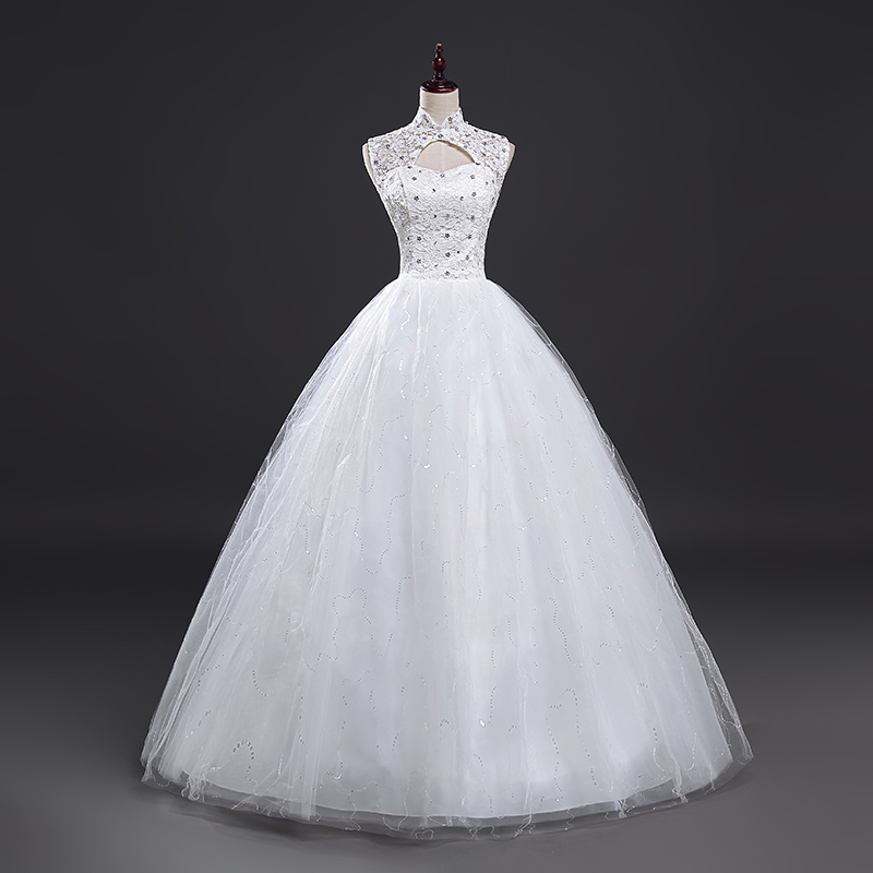 Sleeves Mandarin-collared Beaded Ball Gown Wedding Dress