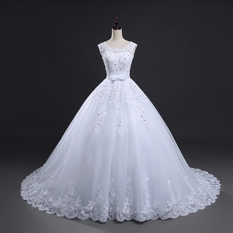 Real Photo Ball Gown Lace Applique Beaded Full Length Bridal Gwon Bridal Wedding Dress Party Dress E14
