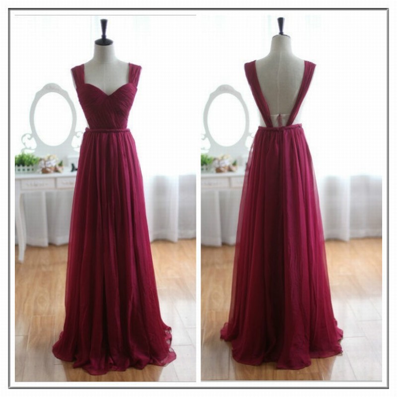 Burgundy Ruched Sweetheart Shoulder Straps Floor Length Tulle A-line Wedding Guest Dress Featuring Open Back