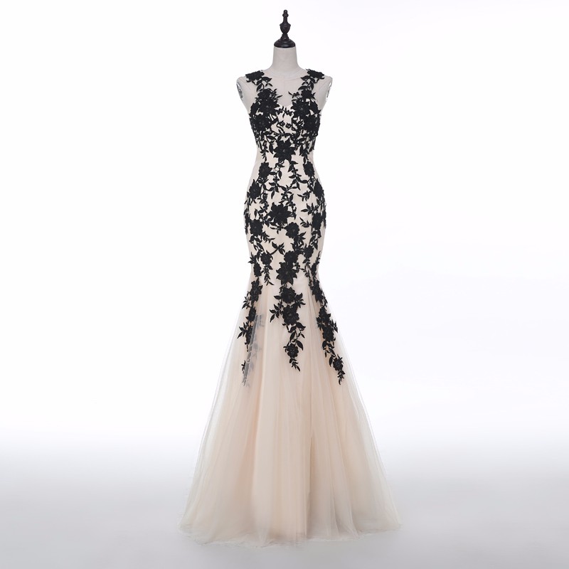 Black Lace Appliqués Halter Neck Floor Length Tulle Mermaid Bridesmaid Dress, Evening Dress