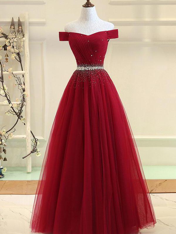 Prom Dresses Burgundy Evening Dress Off-the-shoulder A-line Floor-length Long Prom Dress