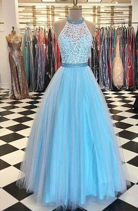 Prety Halter Long Lace Tulle Beding Light Blue Prom Dresses For Teens,elegant Evening Dresses Graduation Dresses