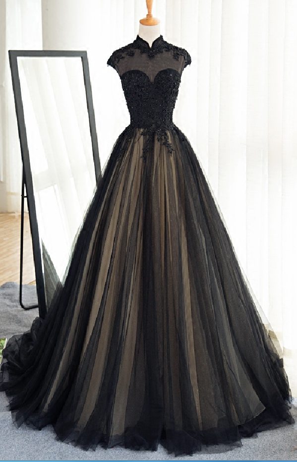 Black Jewel Lace Applique Wedding Dress Evening Dress Full Length Prom Dress