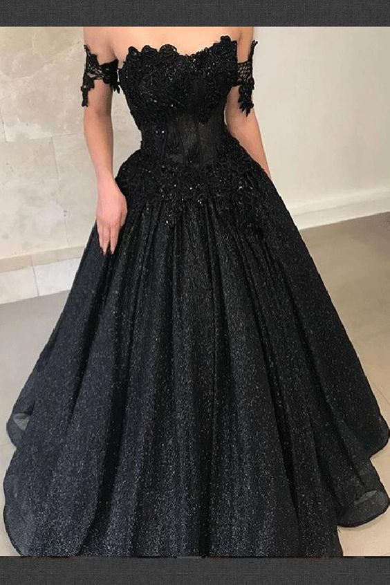 Cap Shoulder Ball Gown Sexy Black Sweetheart Wedding Dress Evening Dress Full Length Prom Dress