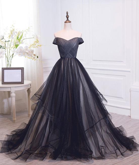Cap Shoulder A Line Sexy Black Tulle Wedding Dress Evening Dress Full Length Prom Dress