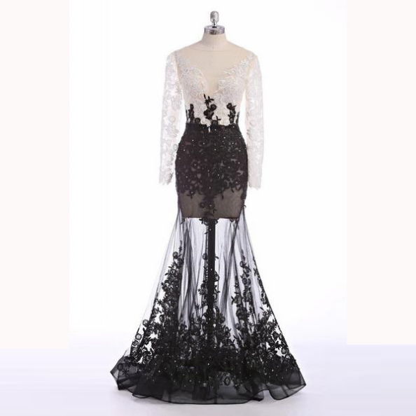 Long Sleeve White Black A Line Sexy Black Tulle Wedding Dress Evening Dress Full Length Prom Dress