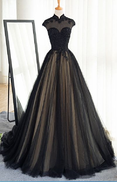 Cap Shoulder A Line Sexy Black Lace Applique Wedding Dress Evening Dress Full Length Prom Dress