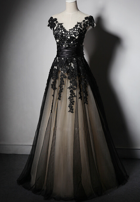 V Neck A Line Sexy Black Tulle Wedding Dress Evening Dress Full Length Prom Dress